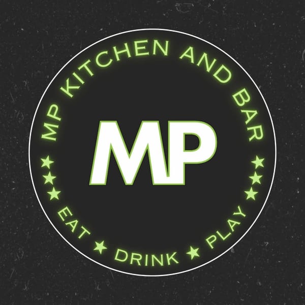 MP Kitchen & Bar logo with "MP" in the center and "Eat, Drink, Play" around the edge.