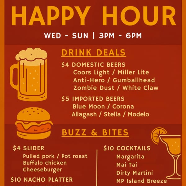 MP Kitchen & Bar's Happy Hour menu with drink and food specials, including beer, cocktails, sliders, and nachos.