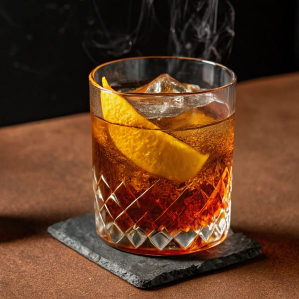 A smoked cocktail with ice and an orange peel in a cut glass on a dark coaster.