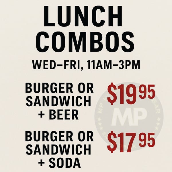 MP Kitchen & Bar lunch combo menu with burger or sandwich, plus beer or soda options.
