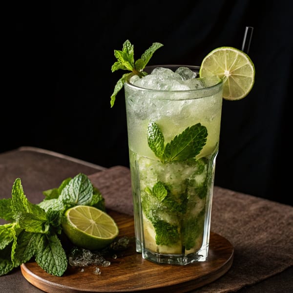 Refreshing mojito cocktail with crushed ice, mint leaves, and a lime slice on a wooden board.