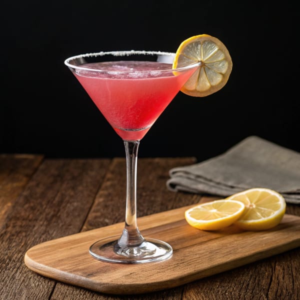A vibrant pink cocktail in a martini glass with a sugared rim and lemon slice garnish.