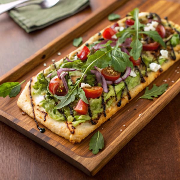 MP Kitchen & Bar flatbread with lettuce, tomatoes, red onions, feta, and balsamic glaze on a wooden tray.