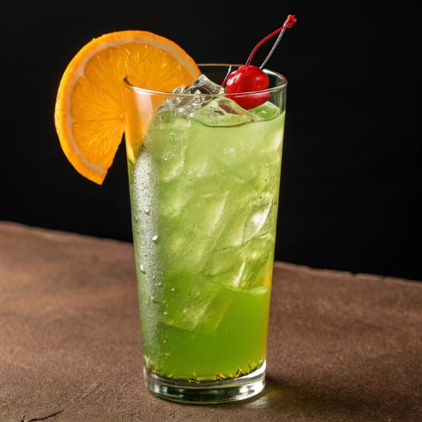 A vibrant green cocktail with ice, garnished with an orange slice and a maraschino cherry.